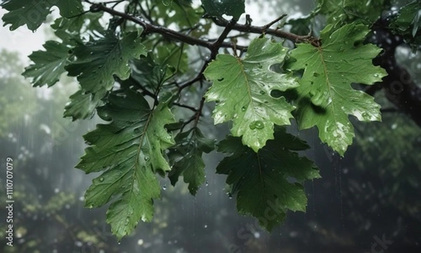 Fototapeta A full branch of oak tree with large green leaves covered in a layer of rainwater drops, rainy landscape, leafy greenery