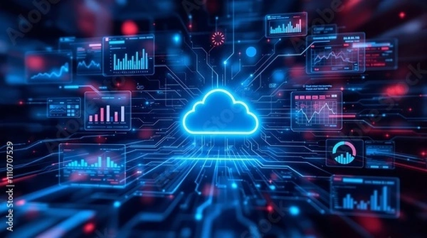 Fototapeta Digital Interface with Cloud Icons and Graphs Representing Cloud Cost Management and Optimization