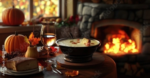 Fototapeta Enjoying Autumn Swiss Cheese Fondue. AI generated illustration.