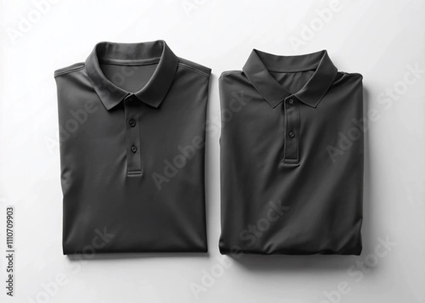Obraz Folded Black Polo T-Shirt Mockup on White Background - Perfect for Apparel Branding and Design Presentations with Ample Copy Space for Customization