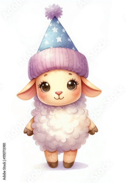 Fototapeta Cute and fluffy cartoon sheep with a cheerful expression and fluffy wool standing on four hooves