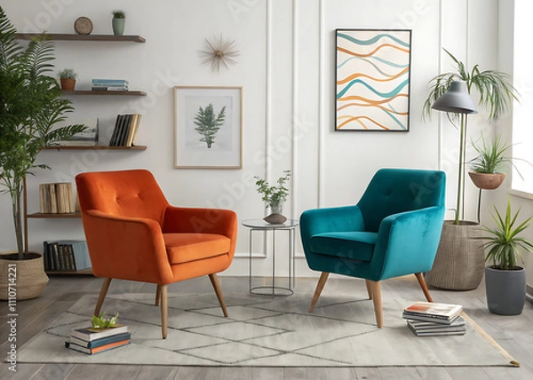 Fototapeta modern living room teal and orange velvet chairs.