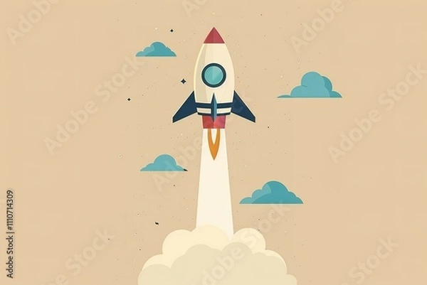 Fototapeta A cartoon rocket is flying through the sky with a cloud of dust behind it