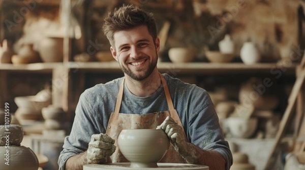 Fototapeta Smiling craft artist in apron in art studio store.