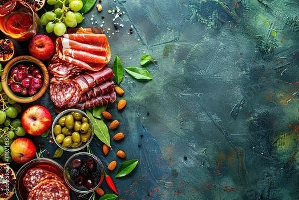 Fototapeta A table with a variety of food including apples, grapes, olives, and meat