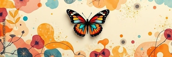 Fototapeta Colorful butterfly perched on a delicate abstract colorful background with organic shapes and patterns, nature inspired, artistic pattern, natural beauty
