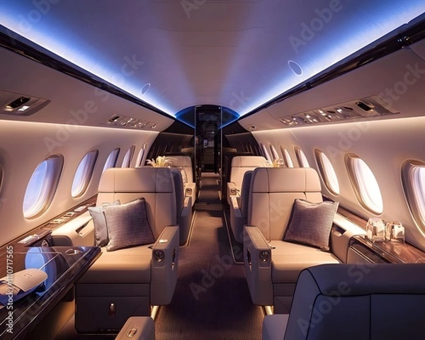 Fototapeta Sophisticated private jet cabin with sleek finishes and spacious seating. Soft lighting and refined decor for a luxurious in-flight experience.