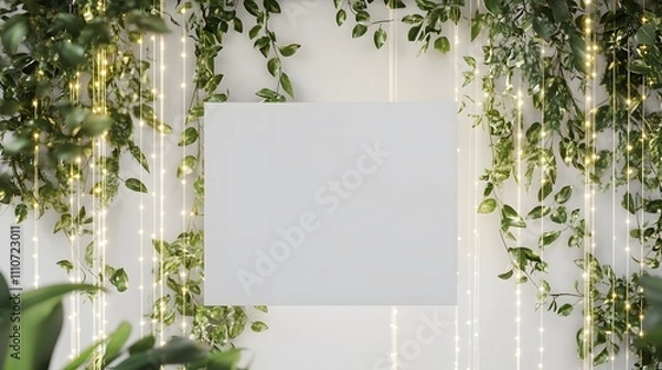 Fototapeta Blank mockup template of an invitation card framed by cascading greenery and shimmering light strands.