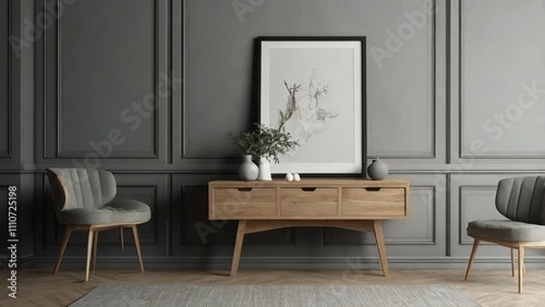 Fototapeta Grey gallery room interior with drawer and decoration, blank mockup frame, High Resolution