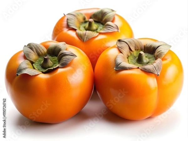 Obraz Three glossy orange persimmons sit close together, showcasing their vibrant color and smooth skin. Their unique shape and leafy tops add to their appeal, perfect for a healthy treat