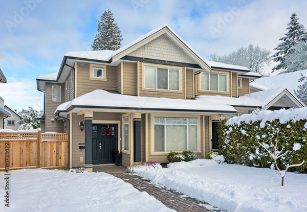 Obraz A perfect neighborhood. Entrance of nice residential house in snow