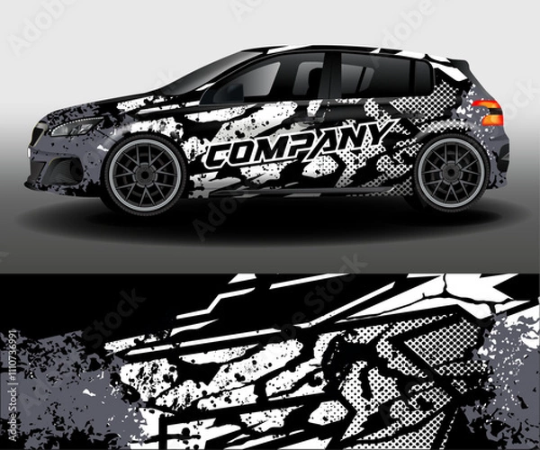 Fototapeta Delivery van vector design. Car design development for the company. Black background with white and gray grunge stripes for car vinyl sticker.