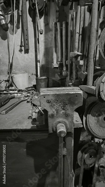 Fototapeta Old tools and a clamp resting on a workbench in a workshop, capturing the essence of craftsmanship and the passage of time.