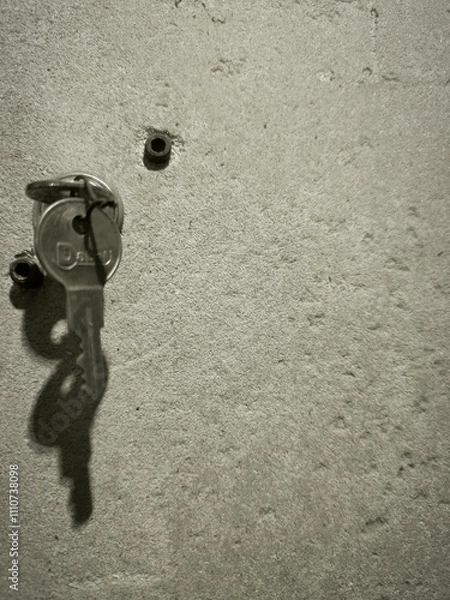 Fototapeta  A key inserted into a hole in the wall, suggesting mystery and opportunity, with a hint of curiosity and exploration.