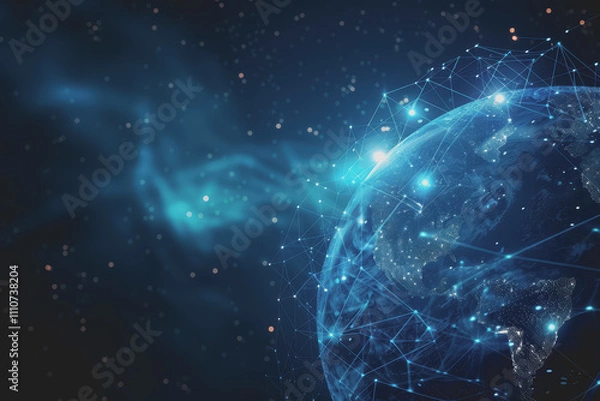 Fototapeta Abstract digital background with a blue gradient and glowing planets with connecting dots.