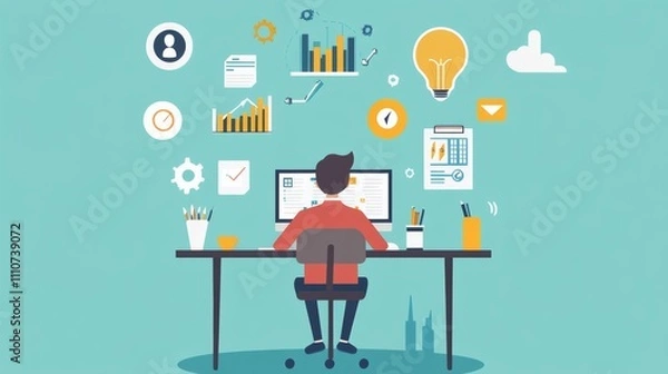 Fototapeta Small business startup setup with a young entrepreneur at a desk