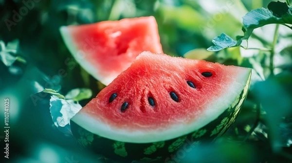 Fototapeta Here's a description inspired by stock image descriptions, under 100 characters:  Juicy watermelon slices, vibrant red flesh, glistening, nestled amon