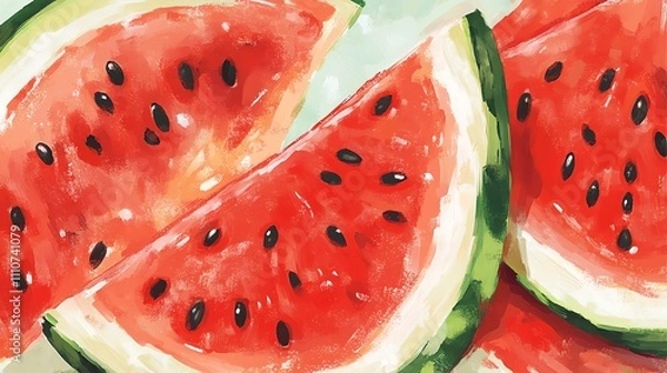 Fototapeta Here's a description inspired by stock image best-sellers:  Juicy watermelon slice, vibrant red flesh speckled with black seeds, rests on a rustic blu