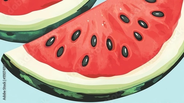 Fototapeta Here's a description inspired by stock image best-sellers:  Juicy watermelon slice, vibrant red flesh speckled with black seeds, rests on a rustic blu