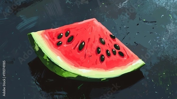Fototapeta Here's a description inspired by stock image descriptions, under 100 characters:  Juicy watermelon slice, vibrant red flesh, black seeds, rests on dar