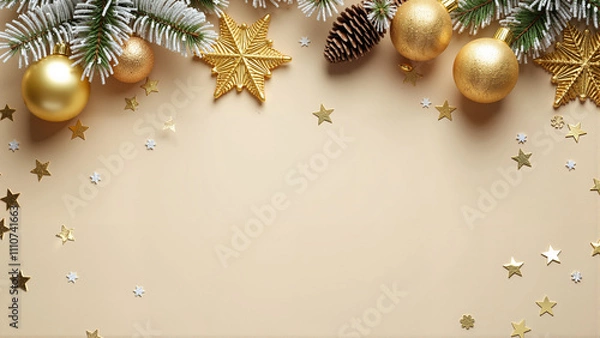 Fototapeta Festive gold Christmas decorations with sparkling baubles, a snowflake, and star confetti on a beige background, creating an elegant and sophisticated holiday ambiance.