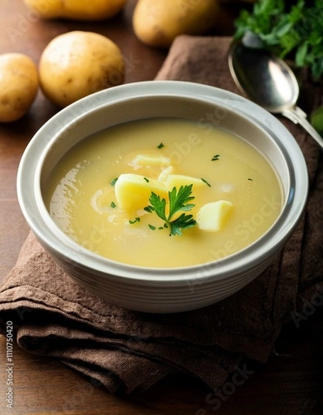 Fototapeta Fresh potato soup with copy space