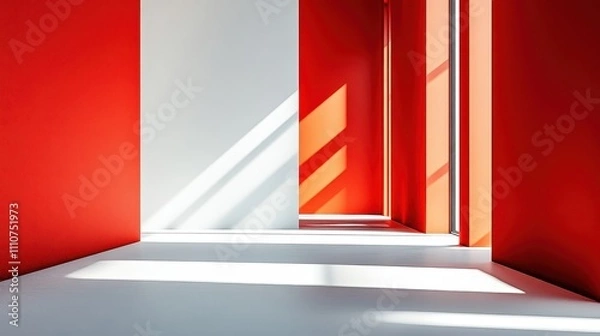 Obraz Minimalist Interior Design Featuring Bold Red and White Walls with Sharp Edged Rectangles and Dramatic Light Effects for Modern Spaces
