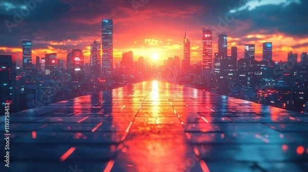 Fototapeta Cityscape at Sunset with a View of a Long Pathway Leading to a Vibrant Horizon