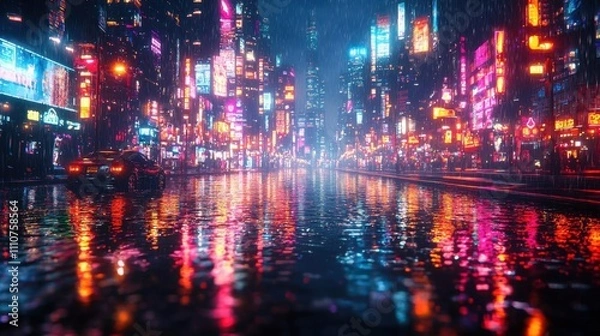 Fototapeta Neon Lights Reflecting on Wet Streets in a Futuristic City