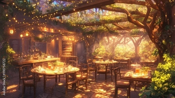 Fototapeta Sunlit outdoor restaurant patio with wooden tables, chairs, and string lights under a tree canopy.