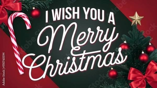 Fototapeta Greeting card with text: "I wish you a Merry Christmas", in a retro style.