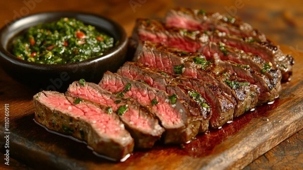 Fototapeta A beautifully cooked steak sliced and served with a vibrant green sauce.