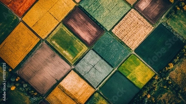 Fototapeta Colorful patchwork of farmland showcasing diverse crops in different seasons and textures