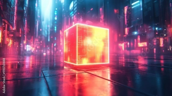 Fototapeta Neon Cityscape with Glowing Cube: Cyberpunk City with Bright Lights, Vibrant Colors, and Futuristic Design