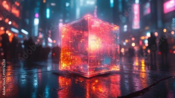 Fototapeta Cyberpunk Cityscape with Glowing Cube in the Night