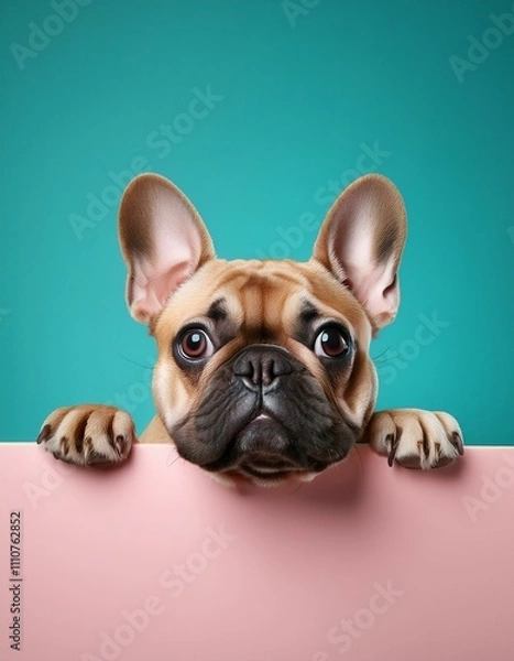 Fototapeta French Bulldog Peeking Over Pastel Pink Billboard with Teal Background, Cute and Funny Style