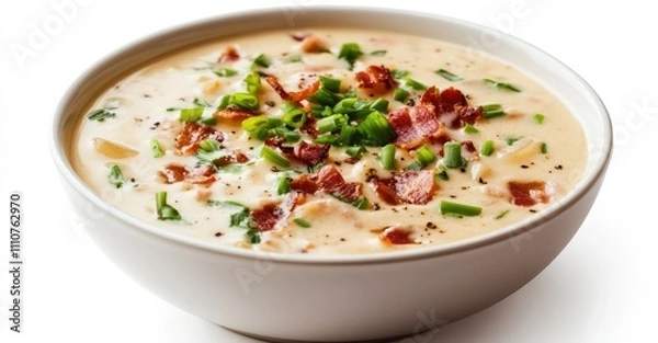 Fototapeta Potato Cream Soup with Bacon and Green Onion. AI generated illustration.