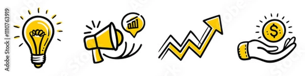 Fototapeta A vibrant collection of icons representing ideas, communication, growth, and finance, symbolizing entrepreneurship and innovation.