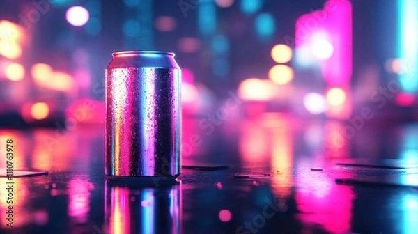 Fototapeta Neon City Lights Reflecting on a Wet Can