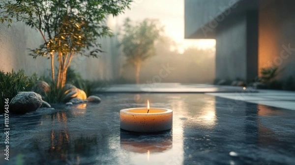 Fototapeta A Single Candle Glows in the Peaceful Ambiance of a Tranquil Garden, with a Modern Building in the Background,  as the Sun Begins to Set.