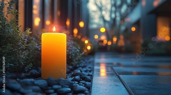 Fototapeta A Single Candle Glows in the Twilight, Illuminating the Pathway with Warm Light