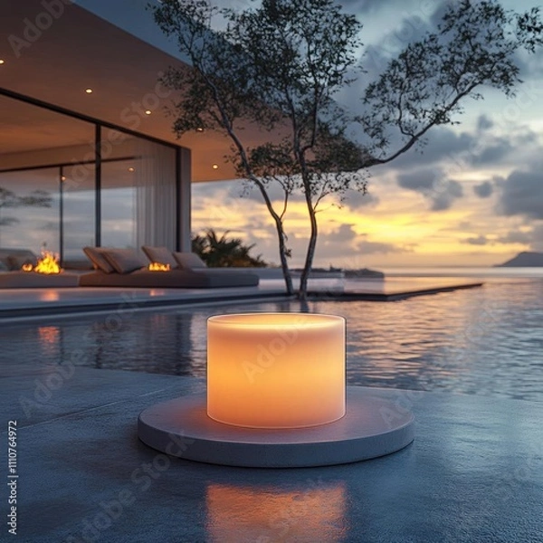 Fototapeta Modern Poolside Design with a Glowing Candle at Sunset