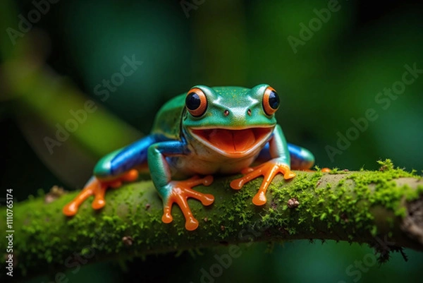 Fototapeta Colorful frog on mossy branch rainforest environment