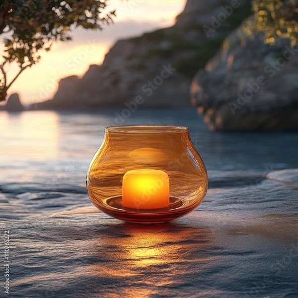 Fototapeta Candlelight Glows in a Glass Jar on a Rocky Beach at Sunset