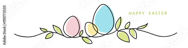 Obraz One line drawing. Abstract decorative horizontal ornament with easter color eggs, stem and leaves. Beautiful hand drawn easter eggs. Happy easter border design element. Vector stock illustration.