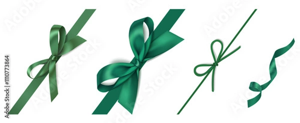 Obraz Set of wonderful diagonally decorative Christmas green bow, swirl ribbon isolated on white. Beautiful new year corner decoration for your wrapping design. Vector stock illustration.