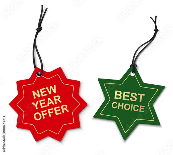 Obraz Set of decorative red and green paper price tag template. Star label with tied black rope isolated on white. Beautiful new year or Christmas sale decoration for your design. Vector stock illustration