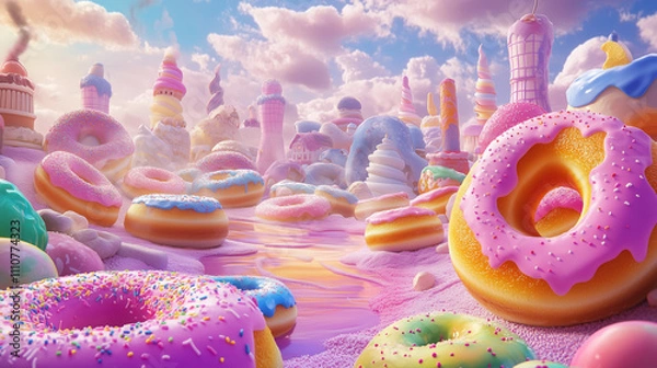 Obraz A vibrant and whimsical render of a sugary candy land landscape, candy, sweets, rainbow, fantasy, colors, dessert, sugar.