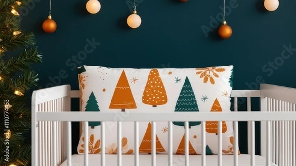 Fototapeta Christmas nursery festive Themed, A cozy nursery scene featuring a crib with festive tree-patterned pillows and holiday decorations on a dark green wall.