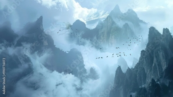 Fototapeta Dynamic animation showing a panoramic view of mist-covered mountains and birds flying above the mountains.